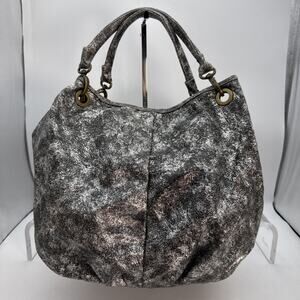Cara NY New York Y2K Silver/Black Metallic Fabric Canvas Material Bucket Bag